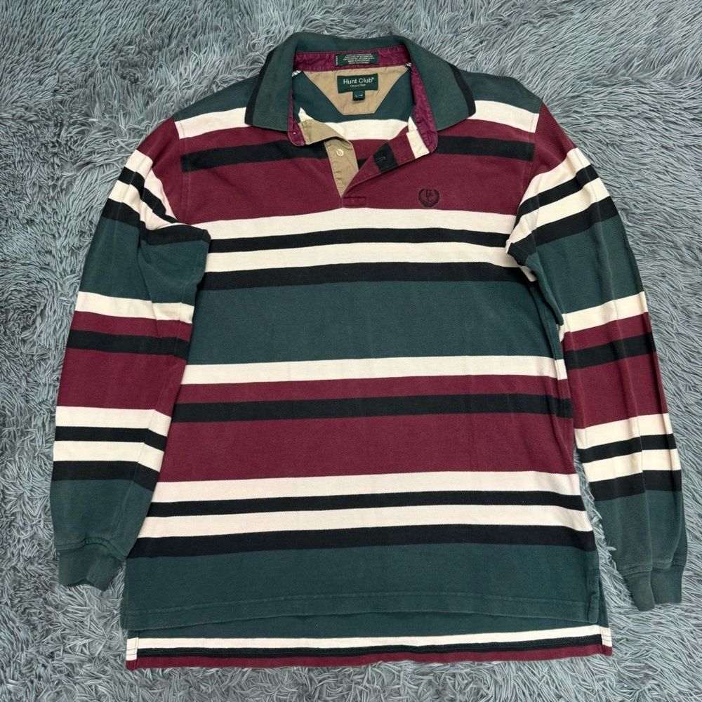 Men's Long-Sleeve Striped Rugby Polo - Forest Green & Burgundy